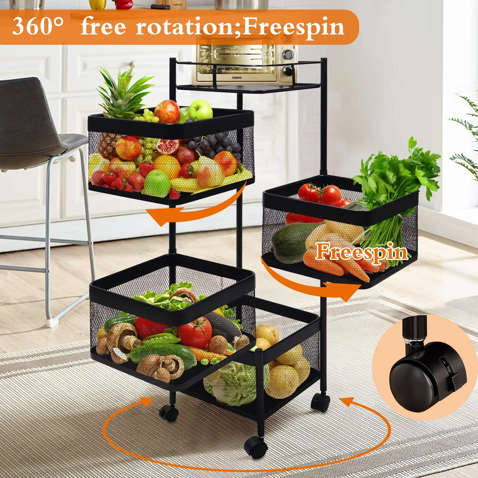 

4-layer 360-degree rotating metal storage rack rolling kitchen trolley