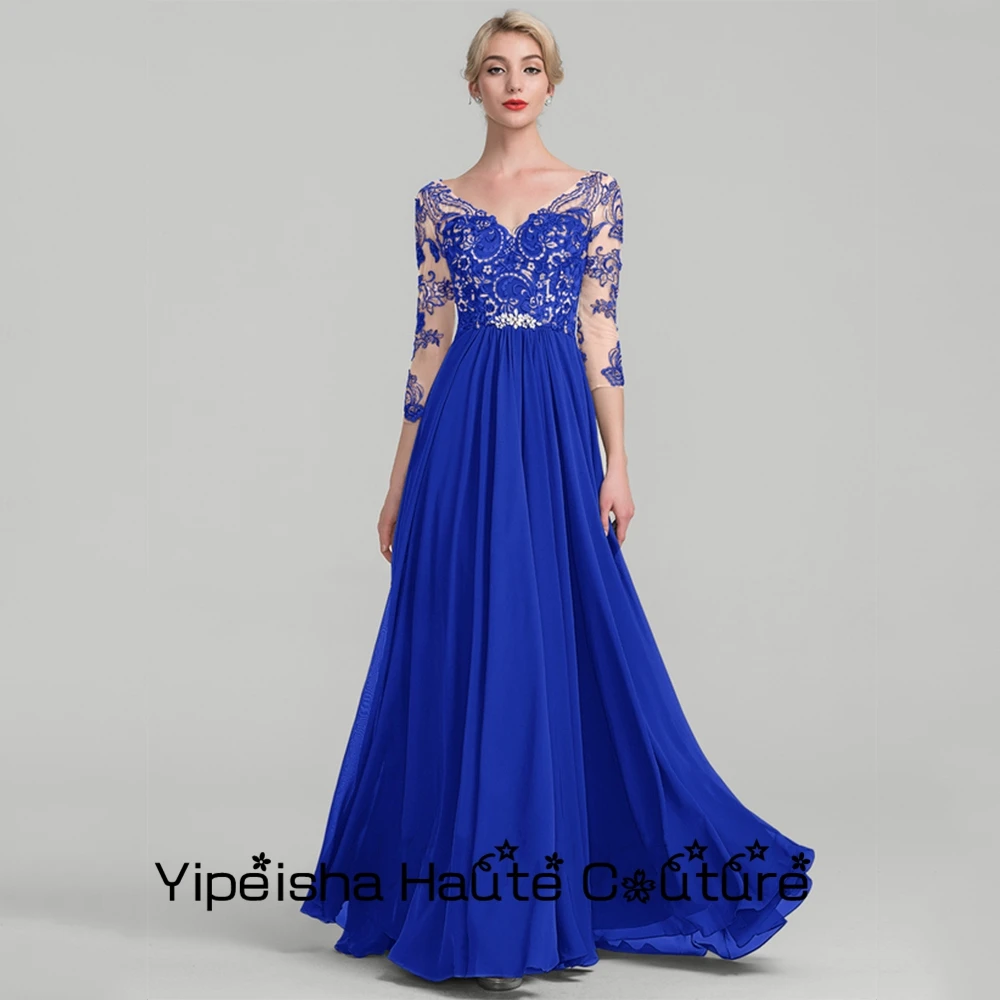 Yipeisha-Robe mère de mariée en mousseline de soie, bleu royal, ligne A, col en V, manches trois quarts, robe de soirée de mariage, sur mesure, nouveau, 2022