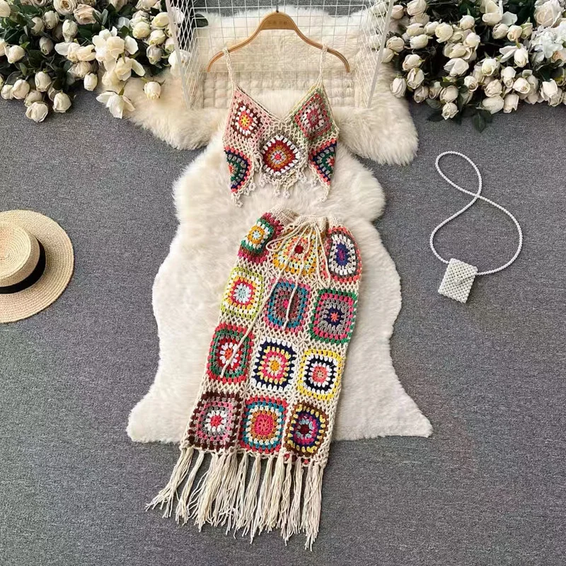 OUMEA Women Handmade Crochet Two Pieces Set Summer Beach Fringed Skirt Bohemian Multi Color Sexy Crochet Set