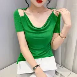 Elegant Off Shoulder Slim T Shirts Summer New Short Sleeve Hollow Out Solid Color Pleated Tops Tees Fashion Trend Women Clothing