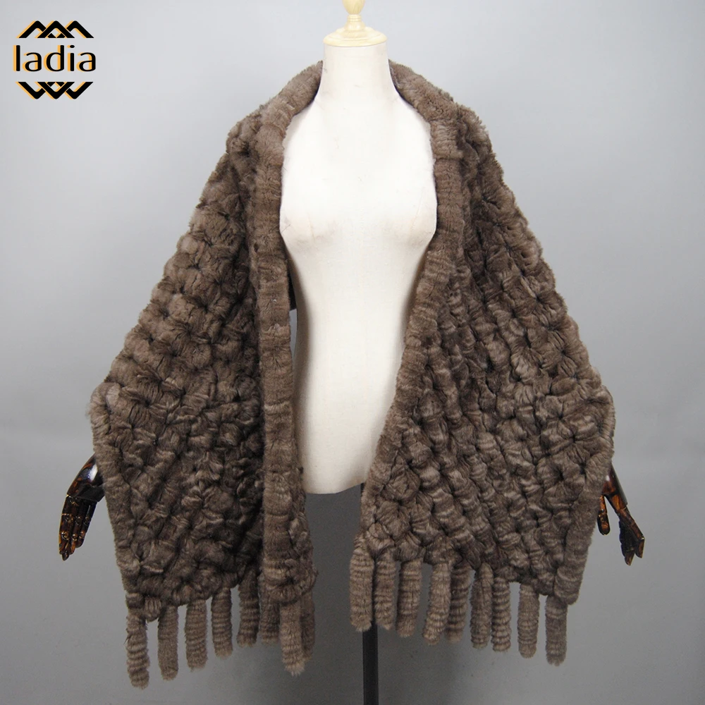 Winter Women Knitted Real Rex Rabbit Fur Scarf Brand Wide Natural Rabbit Fur Tassel Shawl Neck Warm Long Scarves shoulder Cape