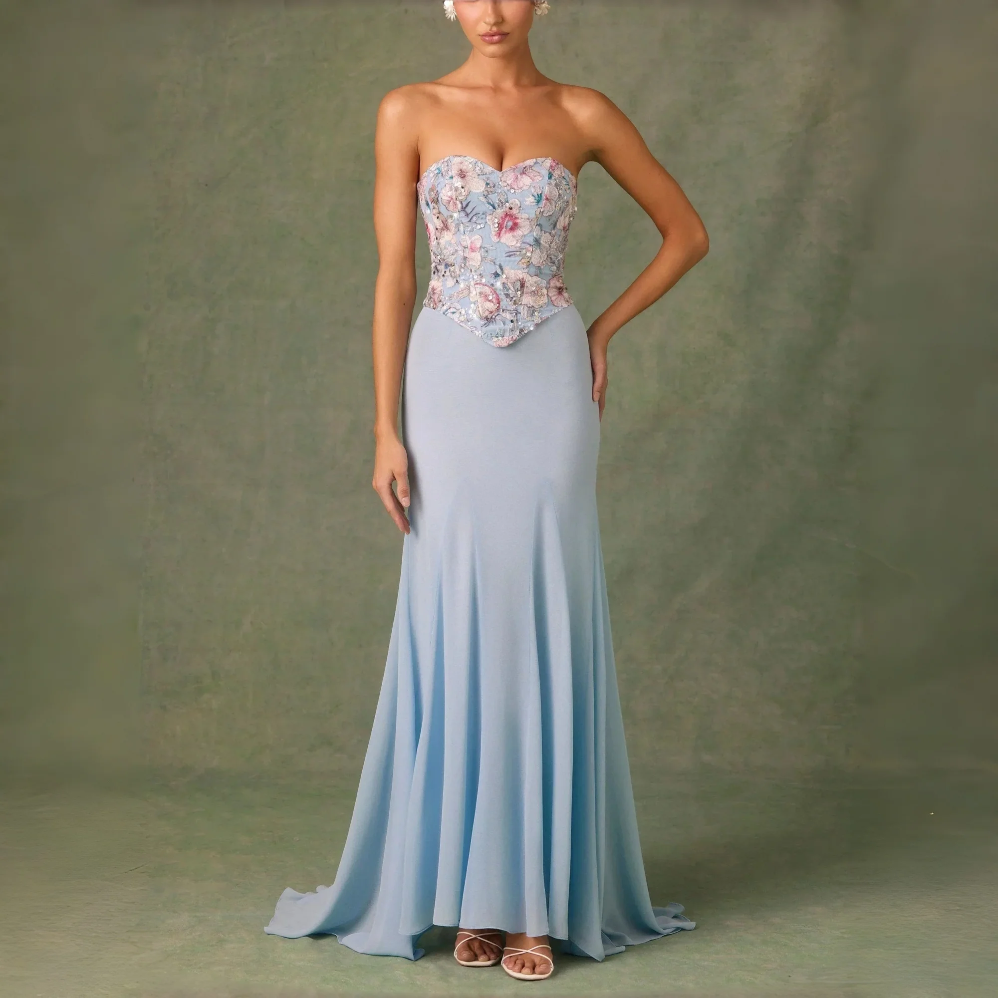 Strapless Sweetheart Neck Evening Dress with Floral Beaded Bodice and Chiffon Mermaid Skirt for Formal Events and Wedding
