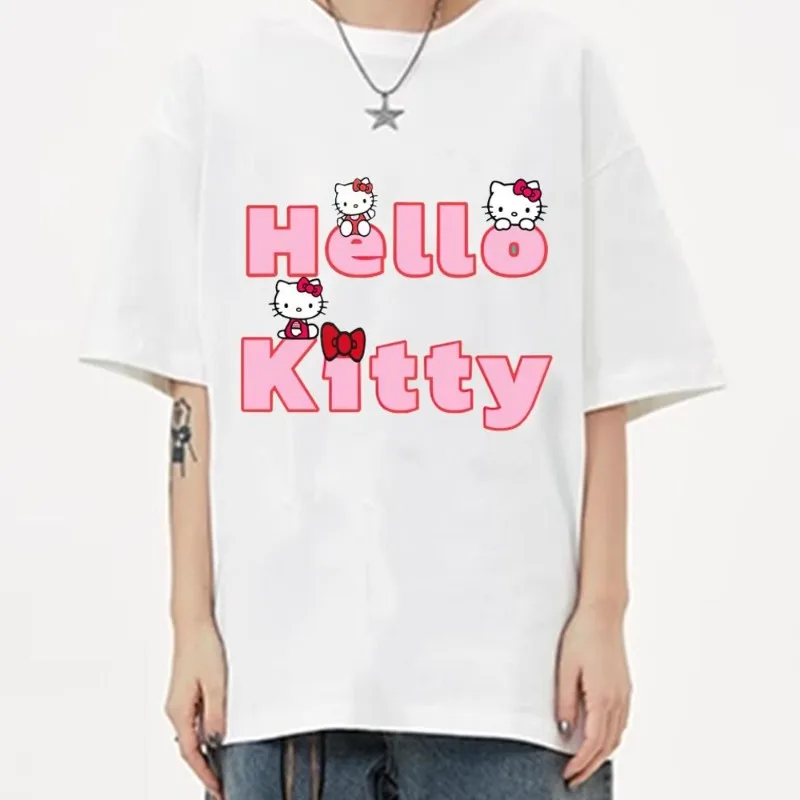 MINISO Hello Cute kitty T Shirt Women Couple Clothes Short Sleeve Collar Fashion Man Cotton Summer Sporty