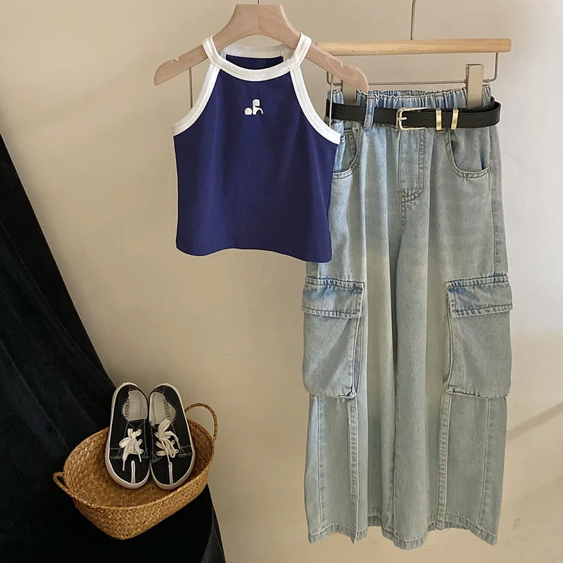 

Girl Clothes Suit Girl Fashion Set 2024 Summer New Color Contrast Embroidery Halter Vest Korean Style Jeans 2-piece Set