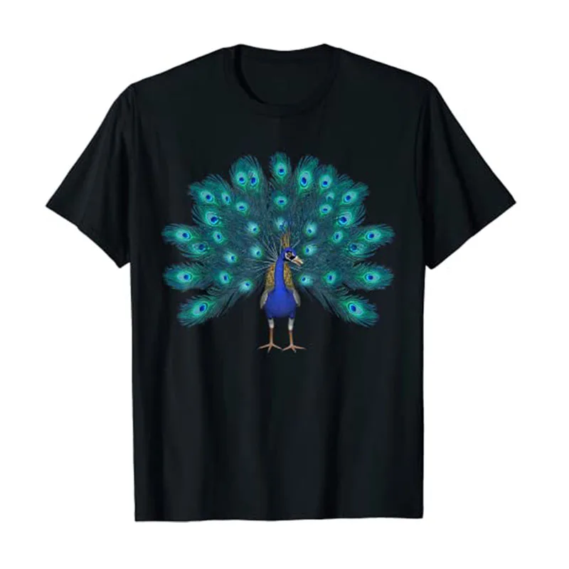 Blue Peacock Print T-Shirt Teal Feathers Aesthetic Clothes Peacock-Lover Graphic Tee Tops Short Sleeve Blouses for Adults Kids