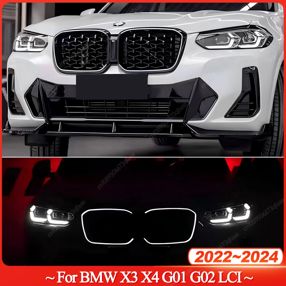 

Car Front Bumper Kidney Grill Grilles Meteor Gloss Black With LED White Light For BMW X3 X4 G01 G02 2022-2024 LCI Bodykit Tuning