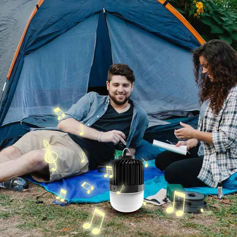 Luzes de acampamento ao ar livre com alto-falantes Bluetooth Lâmpada de tenda recarregável Lanternas portáteis de emergência Função de saída Bateria 18650