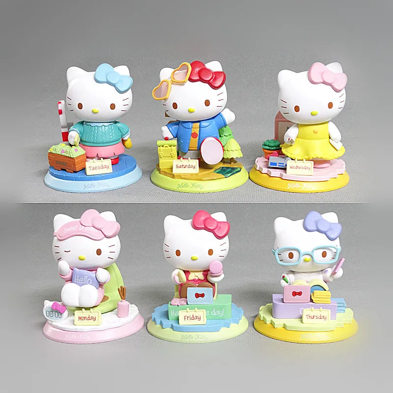 6pcs Sanrio Hello Kitty Kawaii Anime Funny Toys Monday to Wednesday Cute Model Desktop Ornament Doll Children Charm Gifts