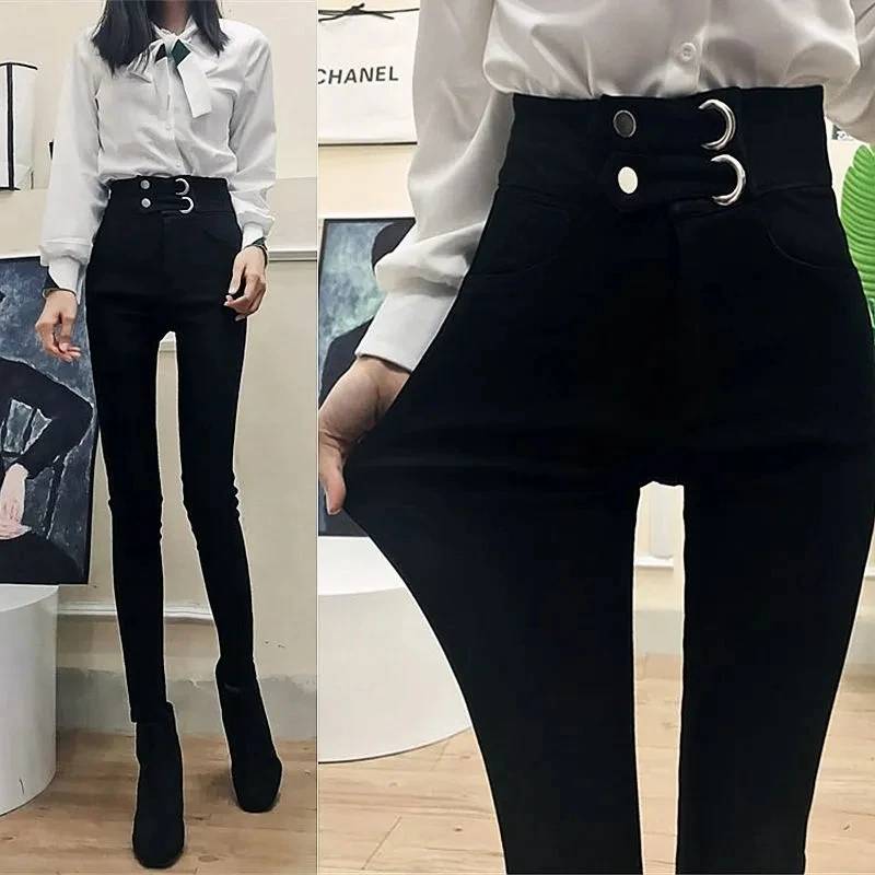 Classic Women Bell-bottoms Pants High Waist Autumer Winter Fur Warm Korean Style Fashion Slim Casual Trousers Girls Pencil Pants