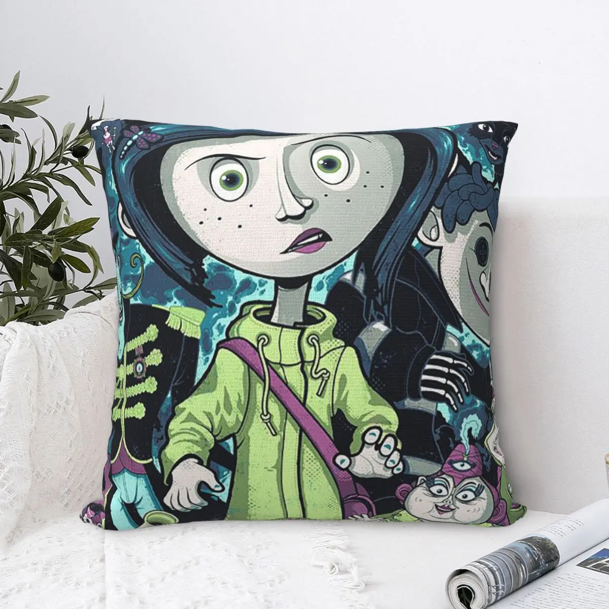 

Coraline Horror Girl Square Pillow Cases the Secret Door Fantasy Cushion Cover Funny Zippered Decorative Pillowcase for Home