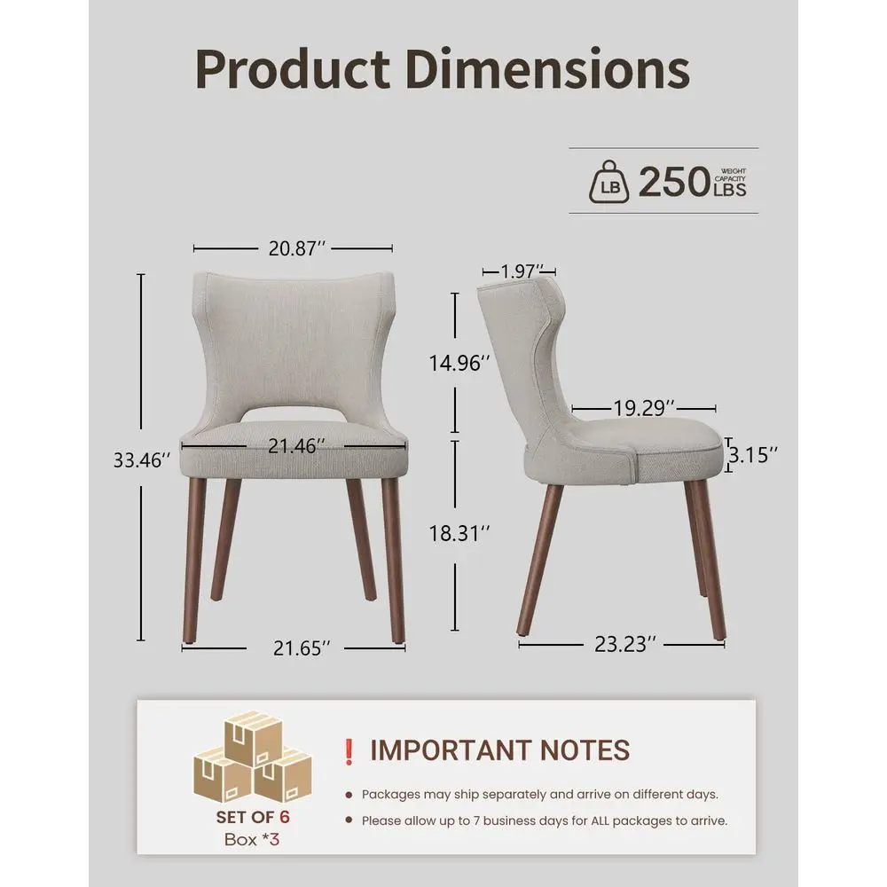 Upholstered Dining Chairs Set o 6, Kitchen Chairs with Curved Backrest | Wooden Dining Room Chairs with Rubberwood Legs, Century