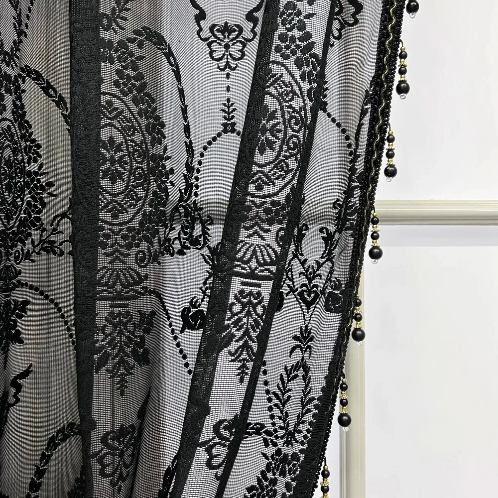 Black Ruffled Lace Sheer Curtains for Kitchen Farmhouse Crystal Beads Mesh Wedding Background Jacquard Floral Window Drapes