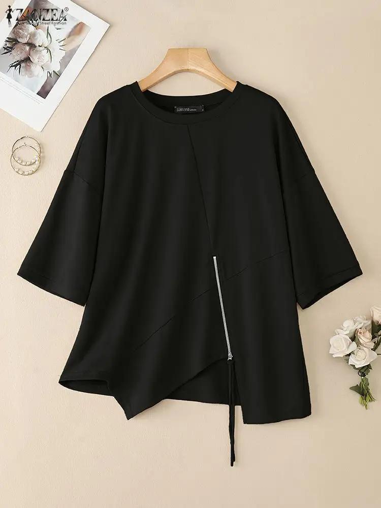 

Женские повседневные шикарные футболки большого размера 230 г ZANZEA, однотонные топы с короткими рукавами и диагональными швами, с асимметричным подолом на молнии