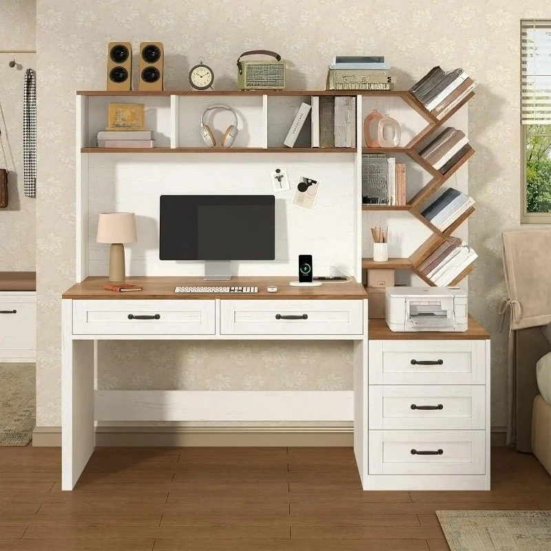 

Computer Desk with Hutch & 5 Drawers, Home Office Desk with Storage Shelves and Printer Stand, 55 Inch Modern Study
