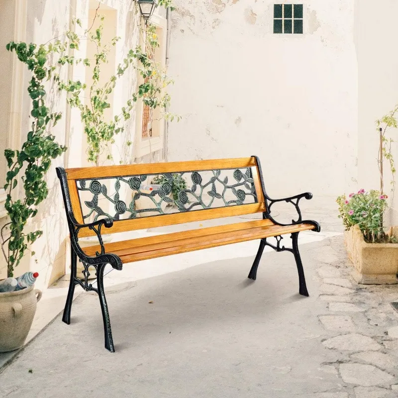 Banc de jardin en fonte de rose avec cadre en bois dur, meubles d'extérieur, causeuse de porche, liquimanquer extérieure, 2 prêts hypothécaires, 50 en effet. parc