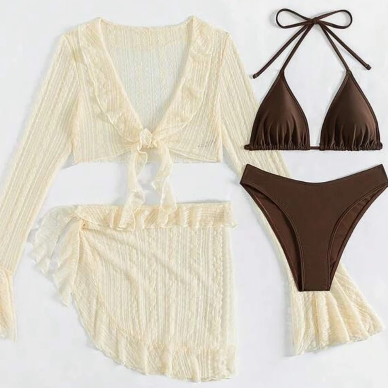 2025 Sexy Four-piece Women Swimsuit Long-sleeve Cover-up Swimwear Summer Solid Bikini Set Brazilian Beachwear Party bathing suit