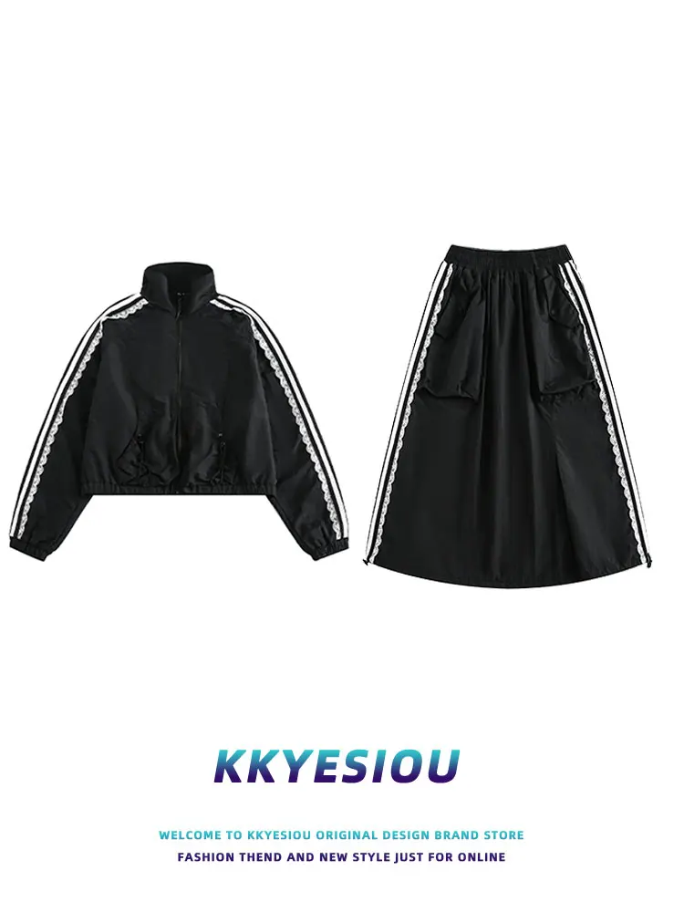

Original National Trend Sportswear Set for Women with Stripe Design Lace American Retro Jaet f Skirt Two-Piece Suit