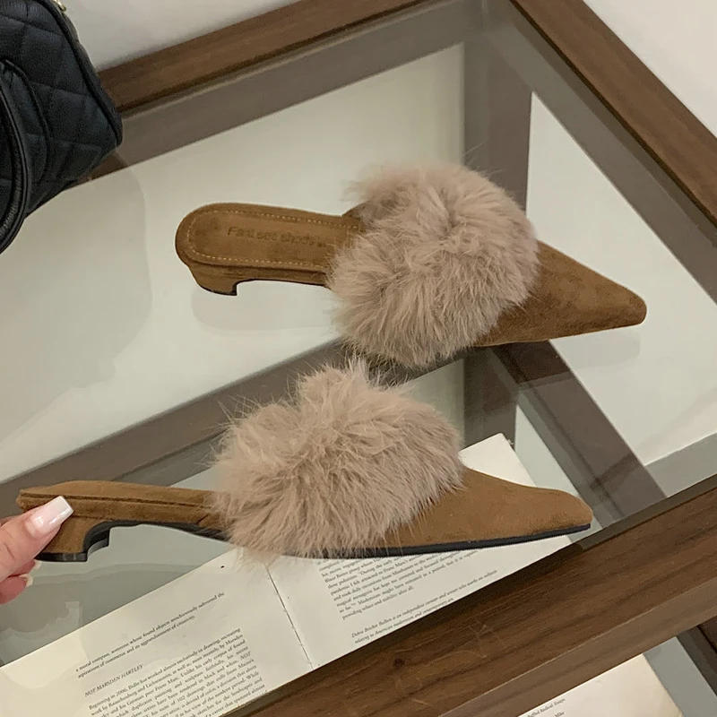 

Rabbit Fur Mules Women Shoes closed Toe Slippers chunky heels mule Shallow Furry Slides Brown leopard Black sandalias mujer