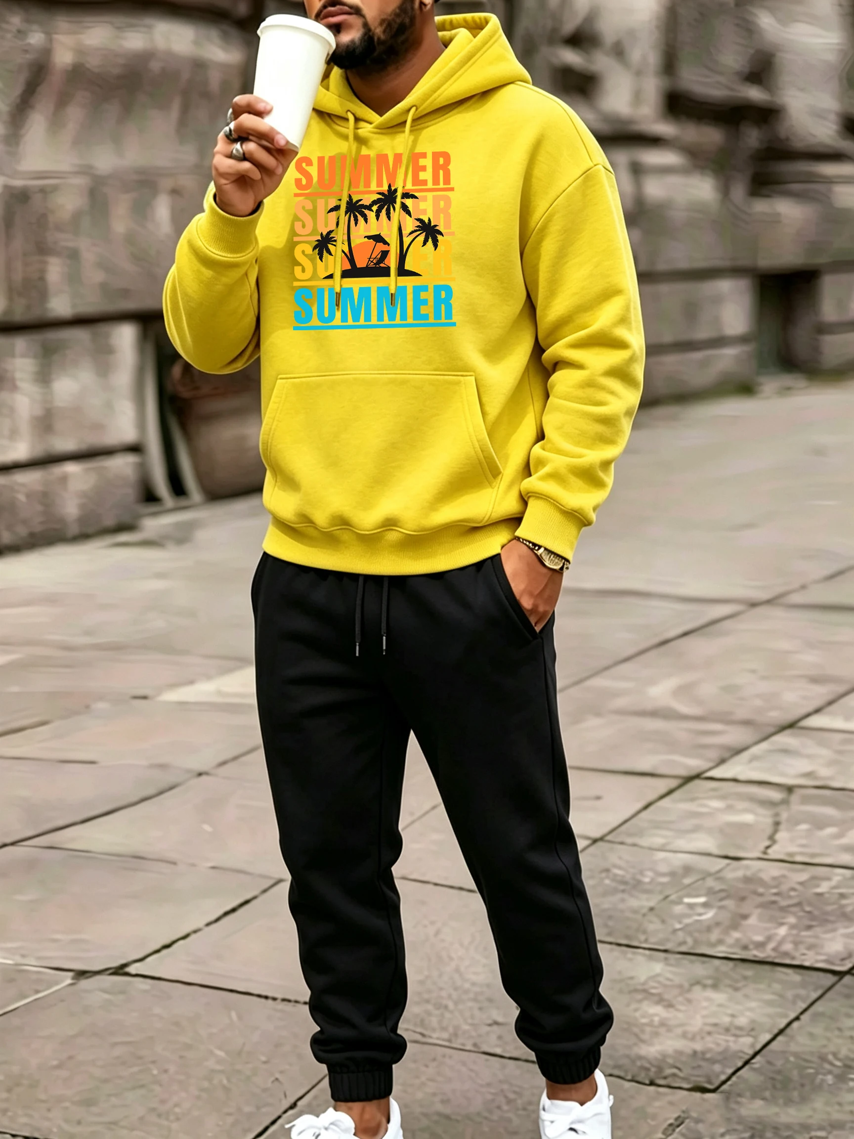 Summer Beach Coconut Trees Prints Man Autumn Hoody Set Fleece Casual Sportswear Pocket Jogging Pants Fashion All-Match Sweatpant