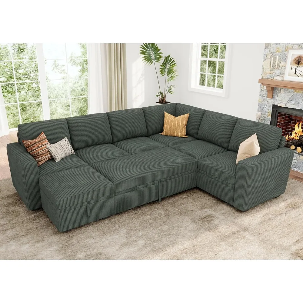 Modular Sectional Sleeper Sofa with Pull Out Bed, Corduroy Couch with Storage Seats Ottoman
