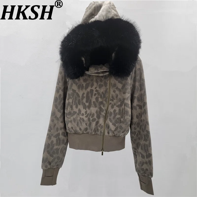 

HKSH 2025 Winter New Women's Warm Jacket Leopard Printed Faux Fur Collar Hooded Zipper American Streetwear Thicken Coats HK14911