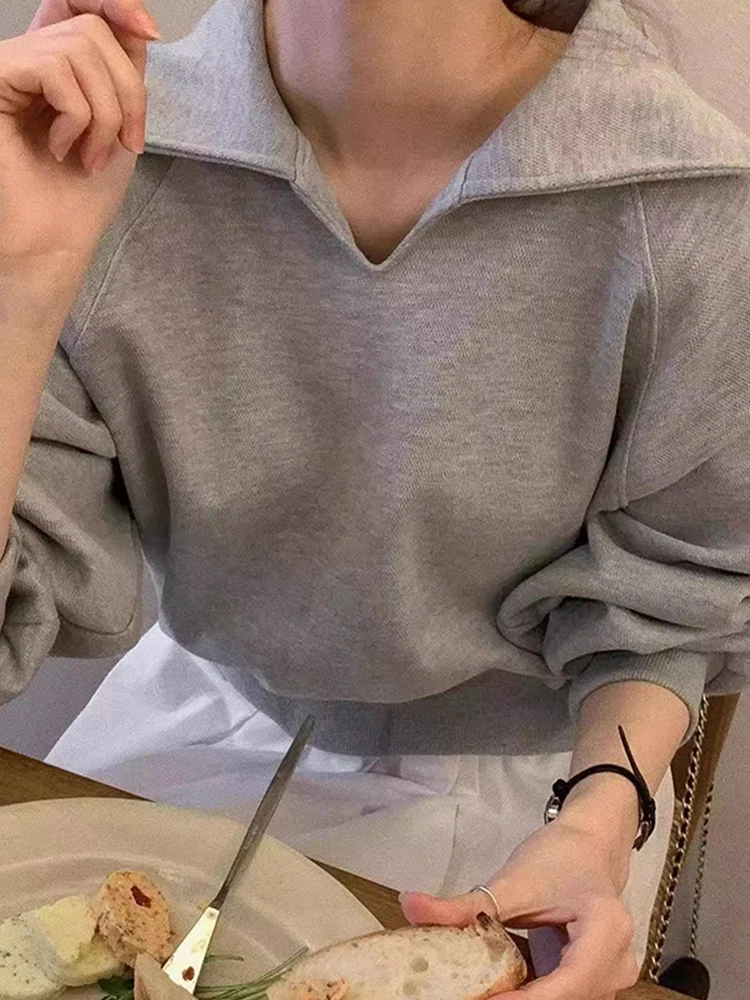 Chic Autumnal Loose Fit Short Sleeve Long Sleeve Hoodie Women's Pure Color Turn-down Collar Soft Versatile Comfortable Sweats...