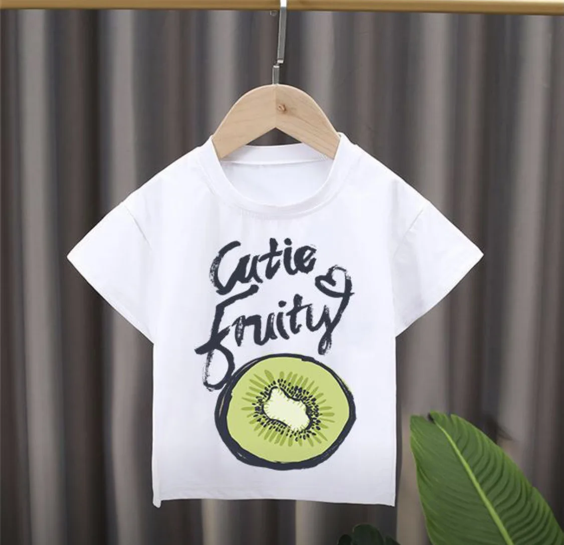 Nuovo stile per bambini Cartoon Fruit Print Girocollo T-shirt a maniche corte Vestiti per ragazza Vestiti per ragazzi Vestiti per bambini Tessuto modale