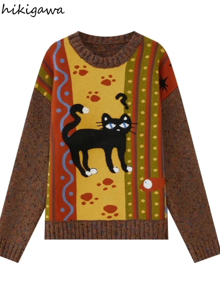 Pull à côtes vintage pour femmes, pulls coréens, broderie de chat, mode décontractée, vêtements d'hiver, 2024