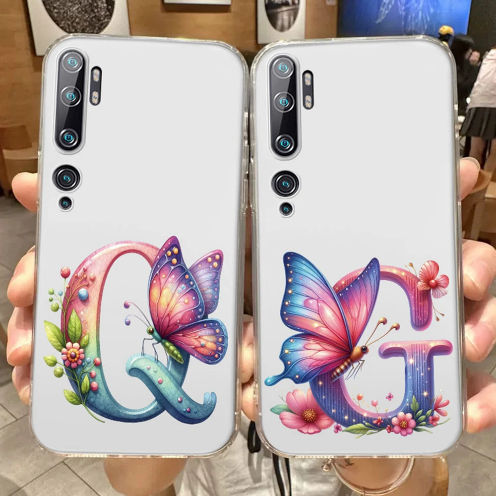 

For Xiaomi 11Lite Note 10 Lite Transparent Clear Phone Case Couple Cover Camera Protection Colorful Butterfly Flower Letters A-Z