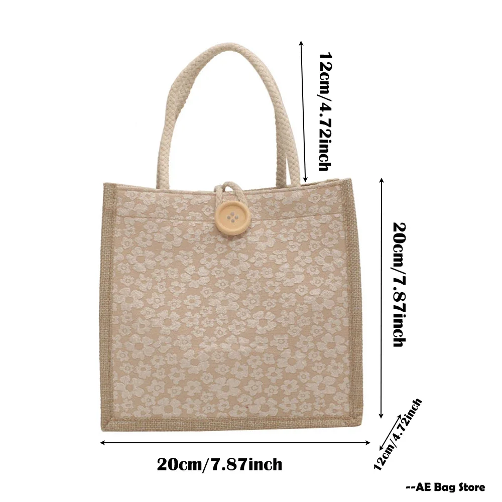 ISKYBOB-Bolso de mano con cremallera y botón de lino para mujer, bolsa grande de comestibles con patrón de flores, bolsa de almuerzo portátil para