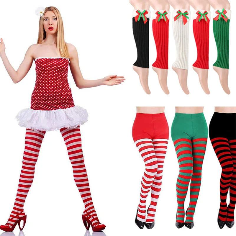 〔CC88〕Christmas Stockings Red Green Striped Pantyhose Stretch Leggings Party Costume Y2K Knit Knee-high Long Tights Socks