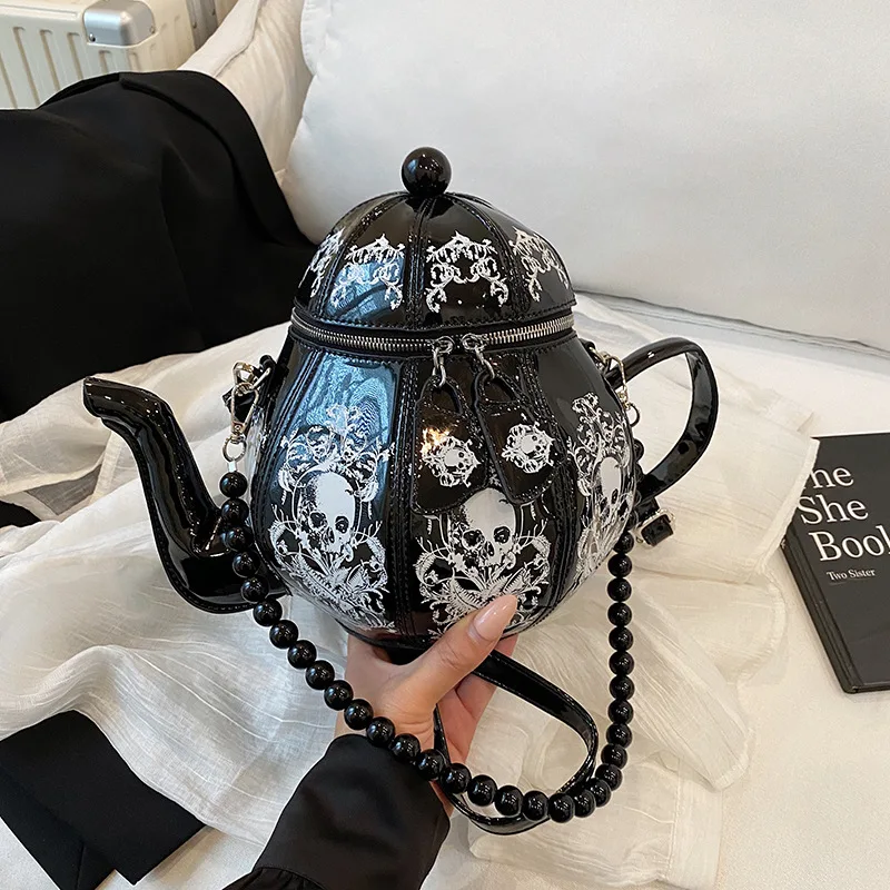 Vintage Gothic Black Skull Teapot Shape Handbag Women Bead Chain Lolita Shoulder Bags Ladies Harajuku Personality Crossbody Bags