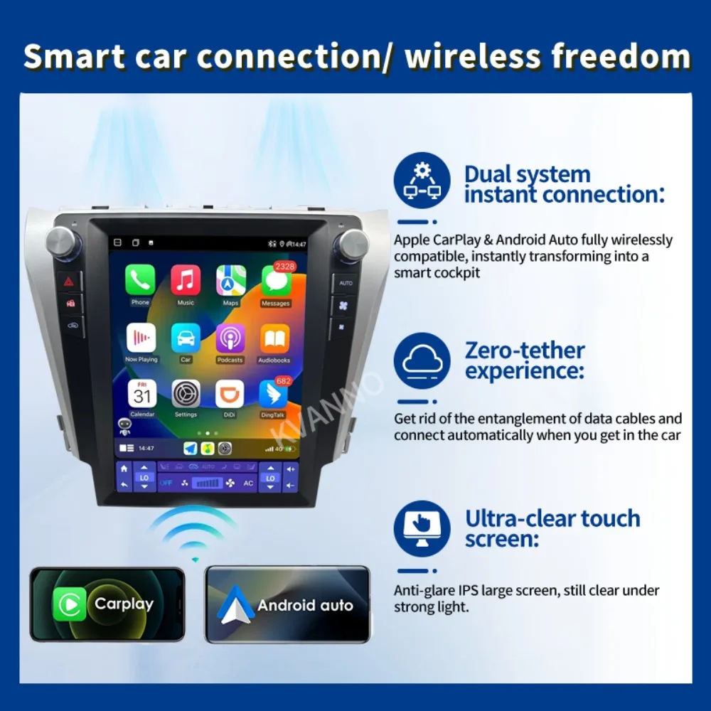 2Din 12.1 polegadas 256G para Toyota Camry 2012-2017 Car Audio Player Buetooth Carplay Android 15 Tesla estilo ecrã de exibição WiFi GPS