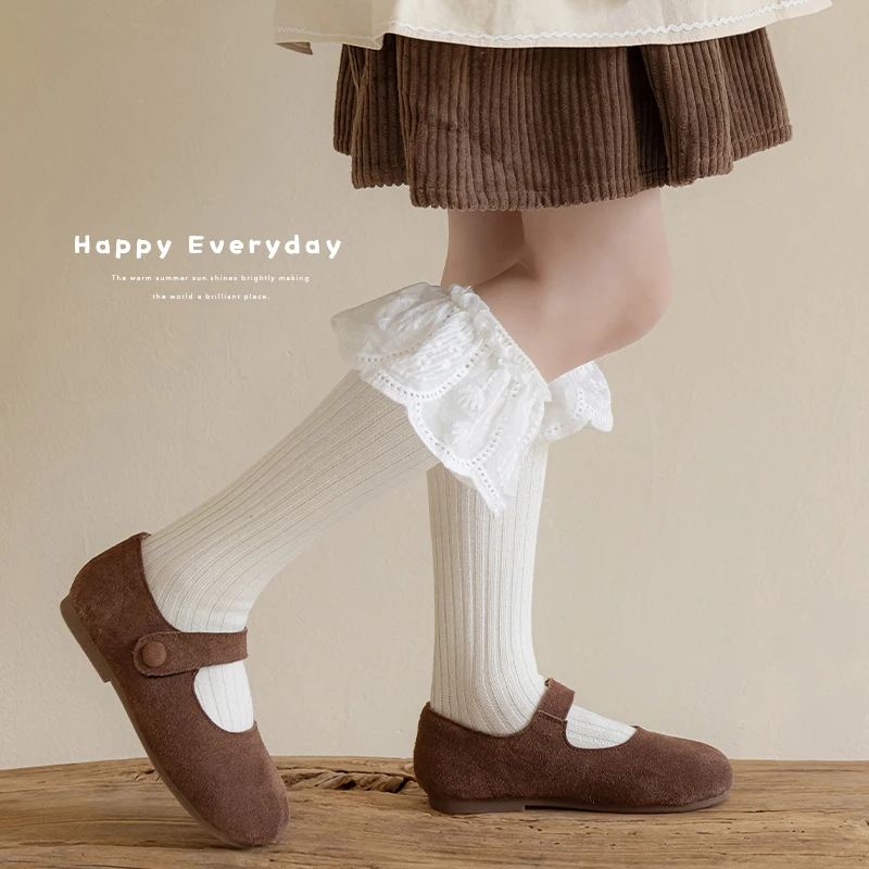 Solid Color Vertical Striped Knee High Socks For Elegant Girls Featuring Fabric Petal Embroidery Large Ruffle Trim Stretch Socks