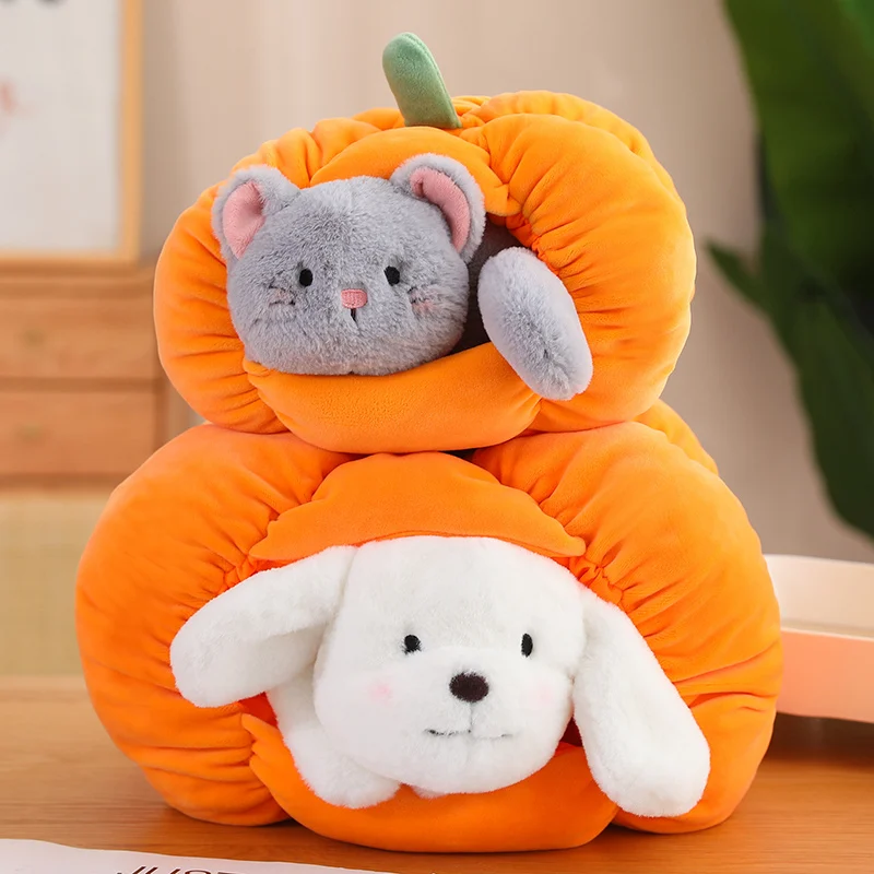 23/30cm Funny Cute Soft Stuffed Animals Dog Cat Hiding In the Pumpkin Nest Dolls Room Pets Peluche Kids Lover Elegant Gift