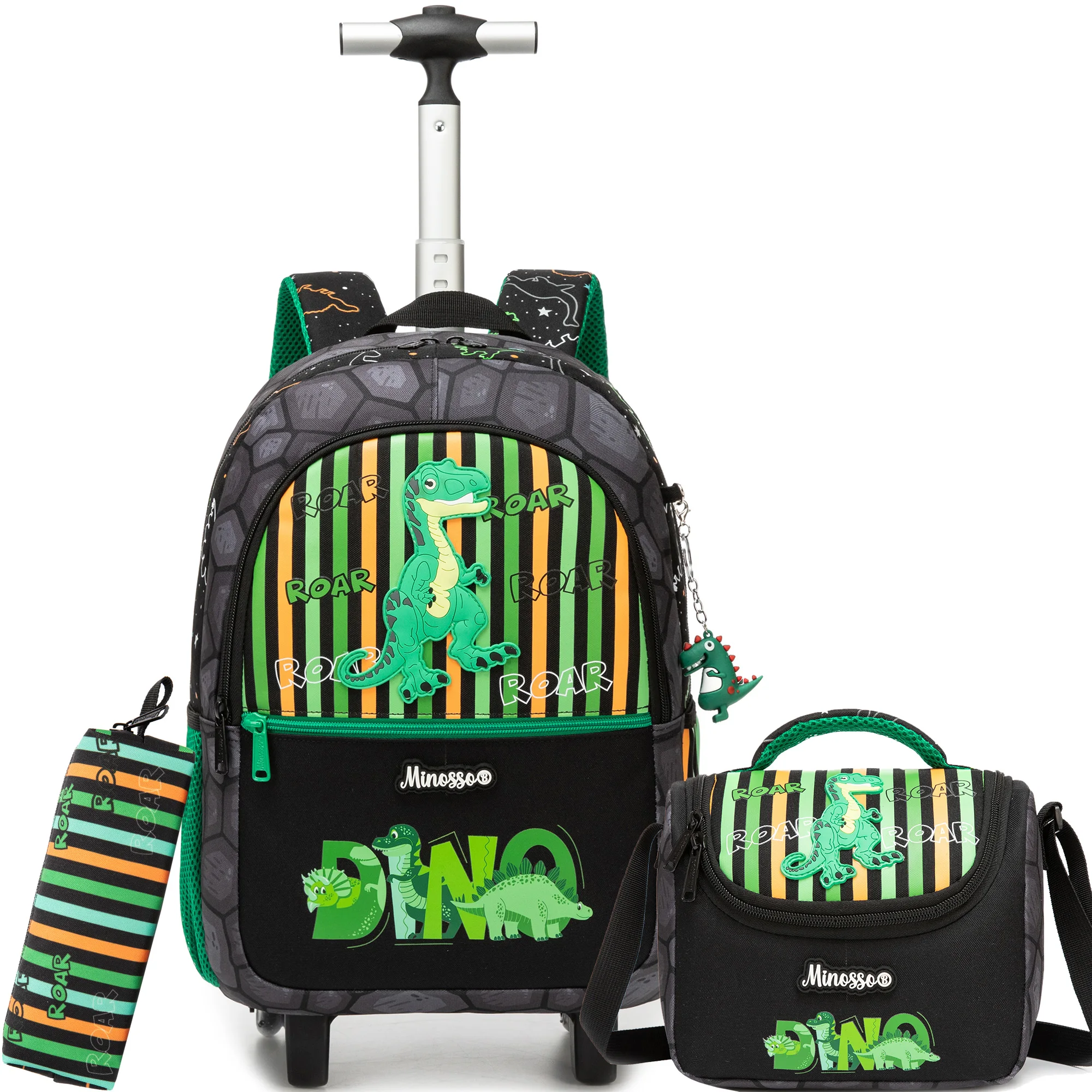 Girls 3D Plush Cat Rolling Backpack 3PCS Set - Trolley School Bag with Wheels, Insulated Lunch Bag and Pencil Pouch