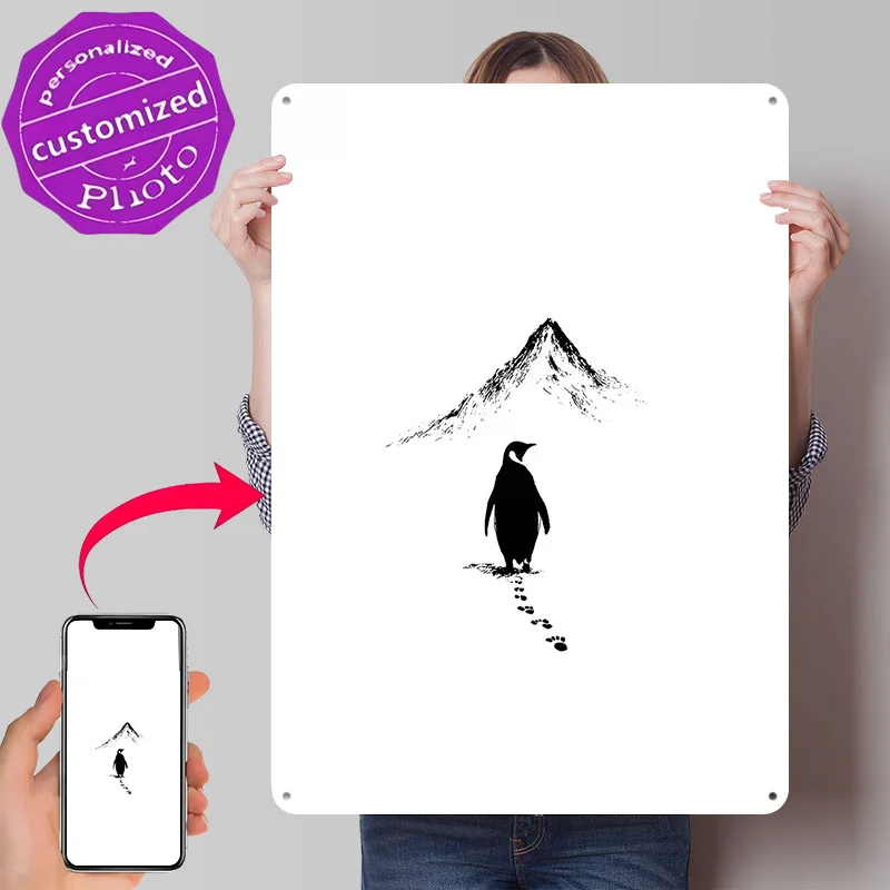 Meme Penguin Journey to the Mountain Peak 3D Texture Printed Poster Custom Vintage Metal Tin Plate Sign for Wall Art Funny Signs