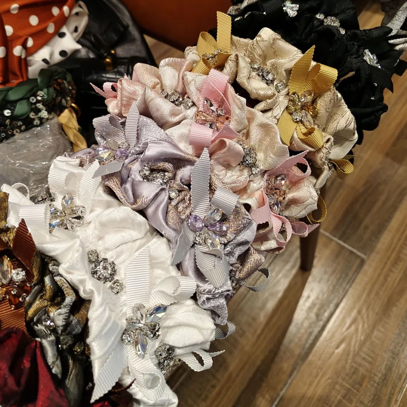 

Корейская плиссированная повязка для волос с цветочным краем, жаккардовая вышитая повязка с узлом-бабочкой, роскошный аксессуар для волос на весну-лето