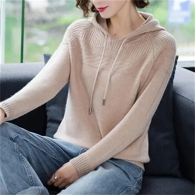 Ladies Loose Fit Hooded Knitting Women Fashion Versatile Solid Color Knitwear Spring Autumn Female Long Sleeved Pullover Sweater