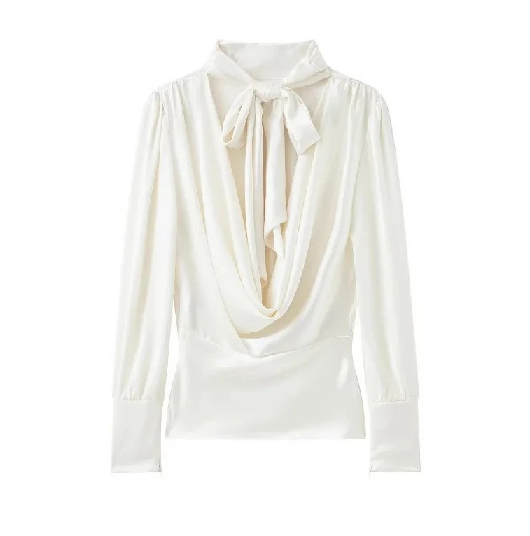 

Весенне-осенняя шелковая атласная рубашка с воротником-стойкой и длинными рукавами, рубашка с открытой спиной и бантом, женский пуловер, универсальные топы, женская шикарная одежда