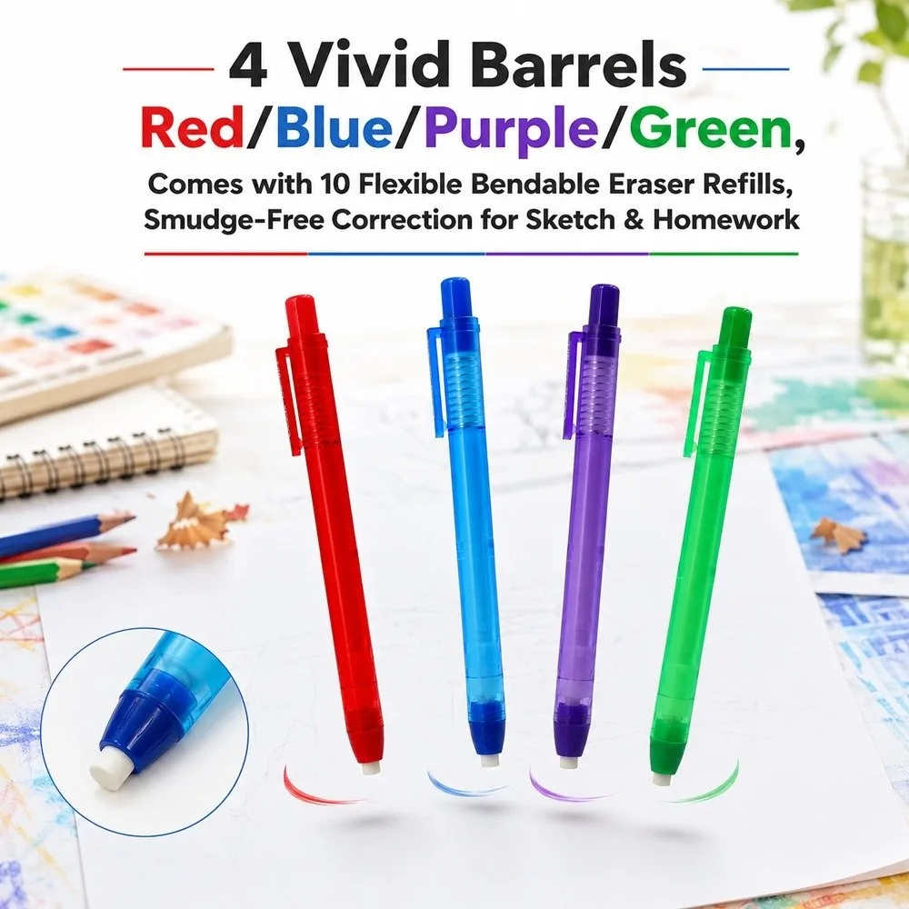 14Pcs Retractable Pen Shaped Eraser Macaron With Refill Eraser Leads Eraser Set Push Type Pencil Eraser