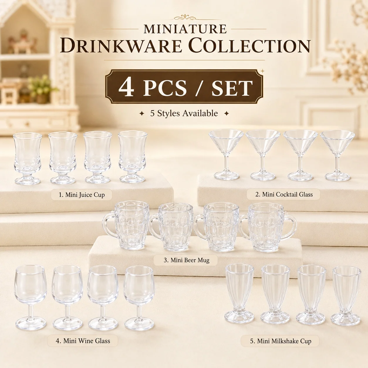 4 pcs /1 Set Miniature Transparent Cup Set, Doll House Kitchen Dining Table Beverage Display Items and Props.