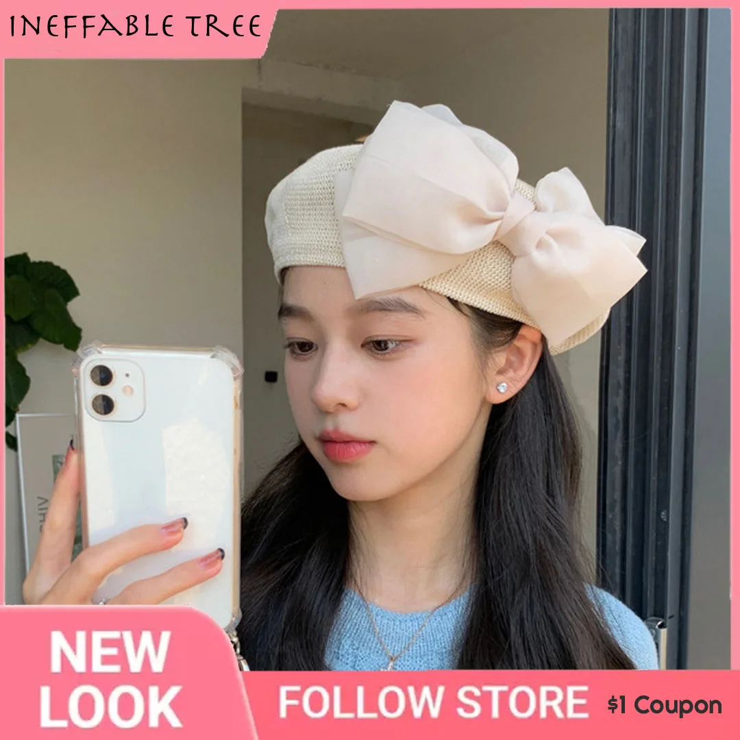 INS Beret Hats For Women Men French Big Bow Hat Summer Beret Cap Black Flat Painter Vintage Female Gorras Hombre