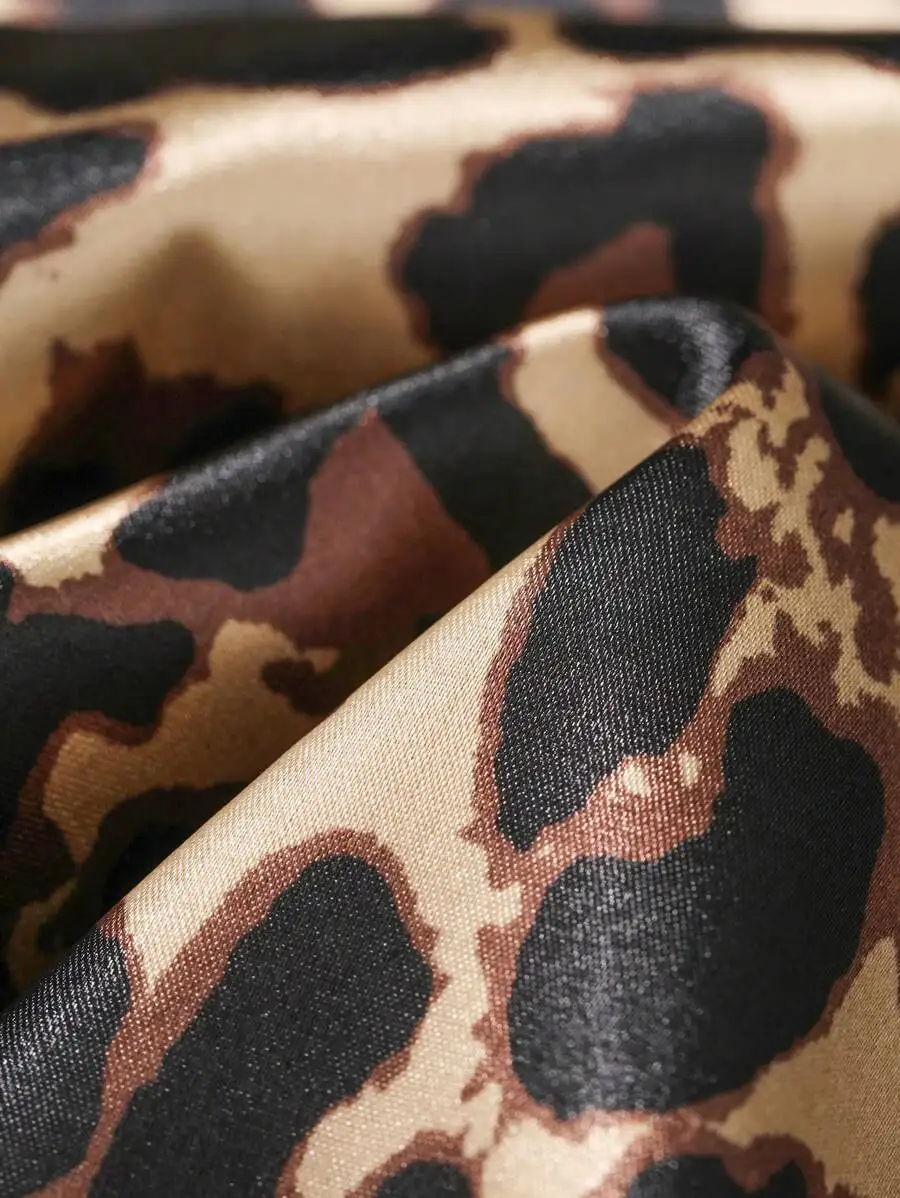 

2Pcs Satin Leopard Print Short Sleeve Collared Shirt And Shorts Pajama Set For Women Spring Summer