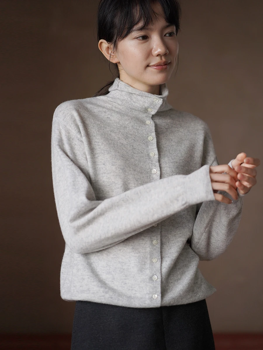 

Hacikis Miss Commute Sle Wool Blend Knit Sweater Women's Loose Fit Long Sve Button Design Stand Collar Coat Opening