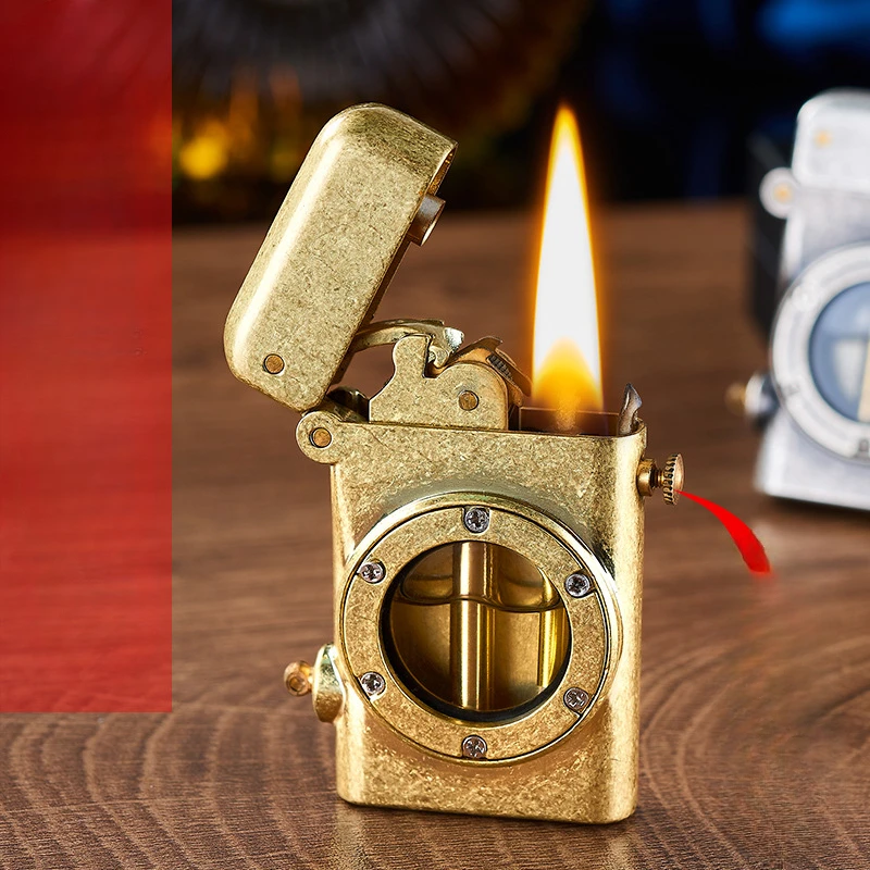 Retro Kero sene Lighter, Windproof, One Click, Pop-up Ignition, Safety Switch, Transparent Oil Tank, Men's Gift, High End, Metal
