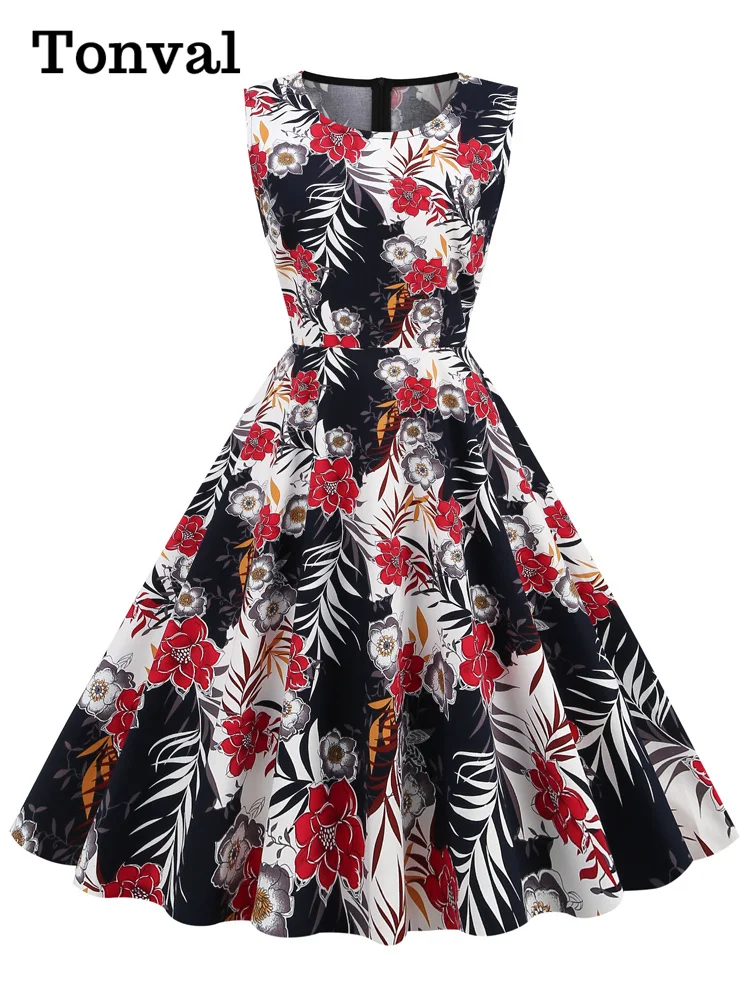 Tonval Elegant 50s Robe Retro Clothes Pinup Summer Floral Dress O-Neck Sleeveless Women Cotton Vintage Print Dresses