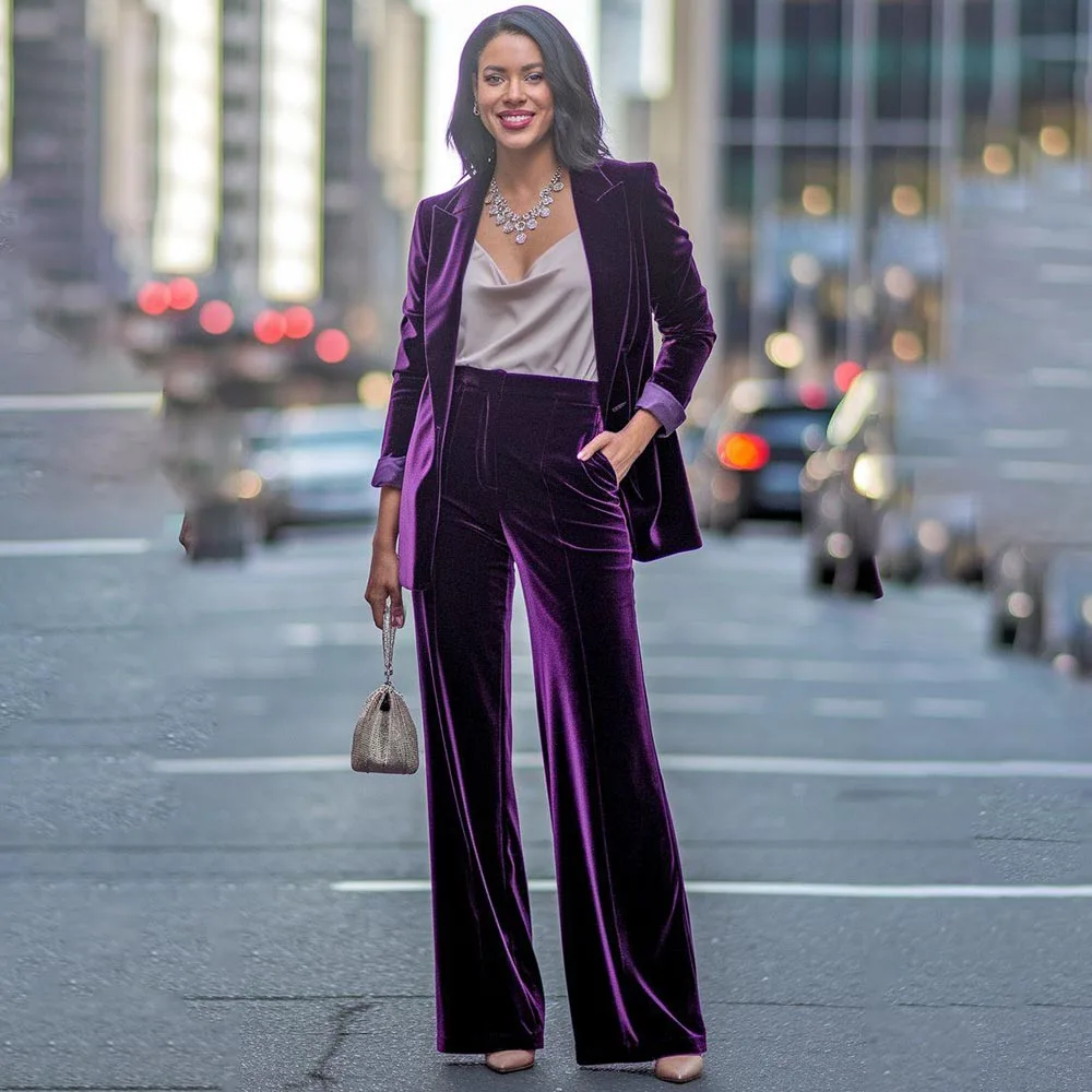 

Elegant Purple Women's 2 Piece Suits Velvet Customzeid Double Breasted Peak Lapel Leisure Shopping Evening Female Clothing