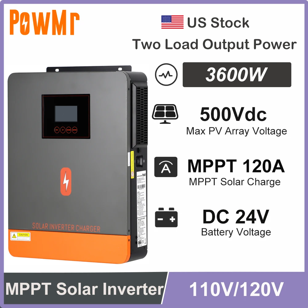 PowMr 3.6KW On/Off-Grid Solar Inverter 24V DC to 100/110/120V AC Built 120A MPPT Solar Charger Dual OutPut Power Support Lifepo4