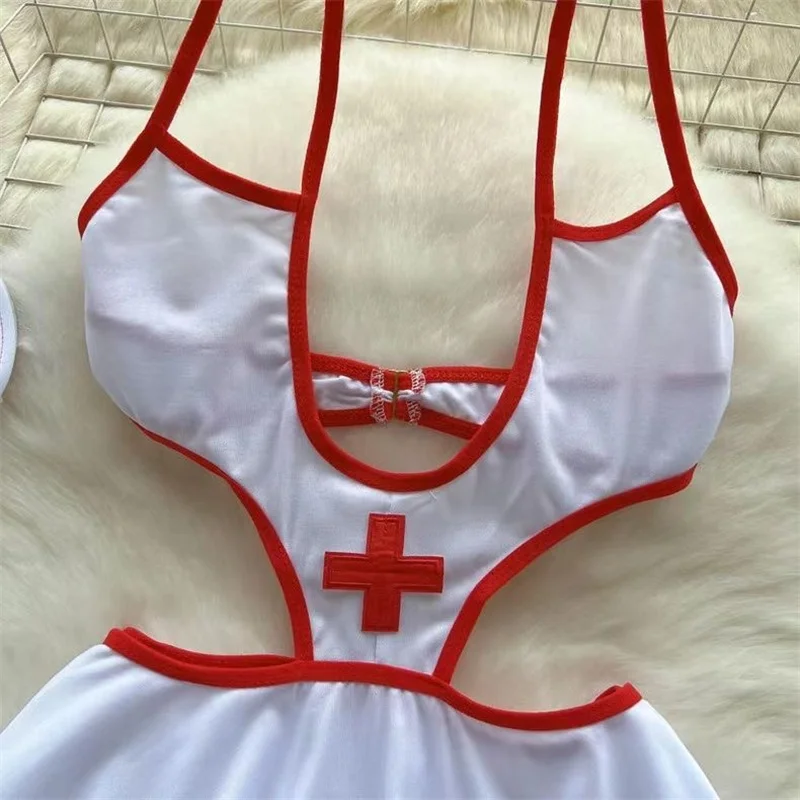 Sexy Sweet Nurse Cosplay Uniform Lingerieset Met Verlaagde Taille Voor Dames, Onthullend Nachtjapon Kostuumjurken Met Kanten Rand